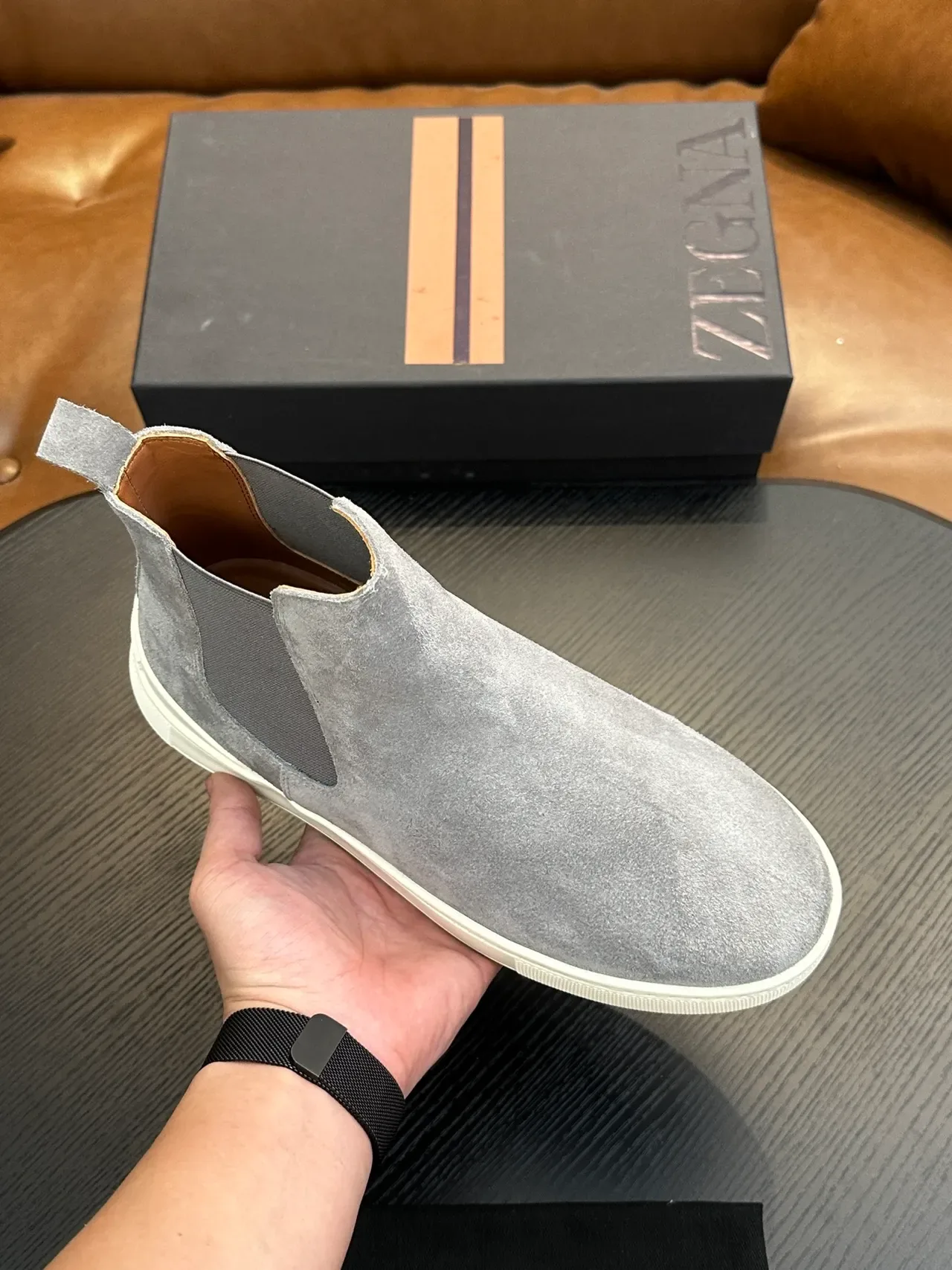 Zegna Gray White Suede Upper Elastic Side Gussets Chelsea Boots 5