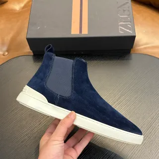 Zegna Navy White Suede Elastic Side Panels Chelsea Boots — Boots supplier photo