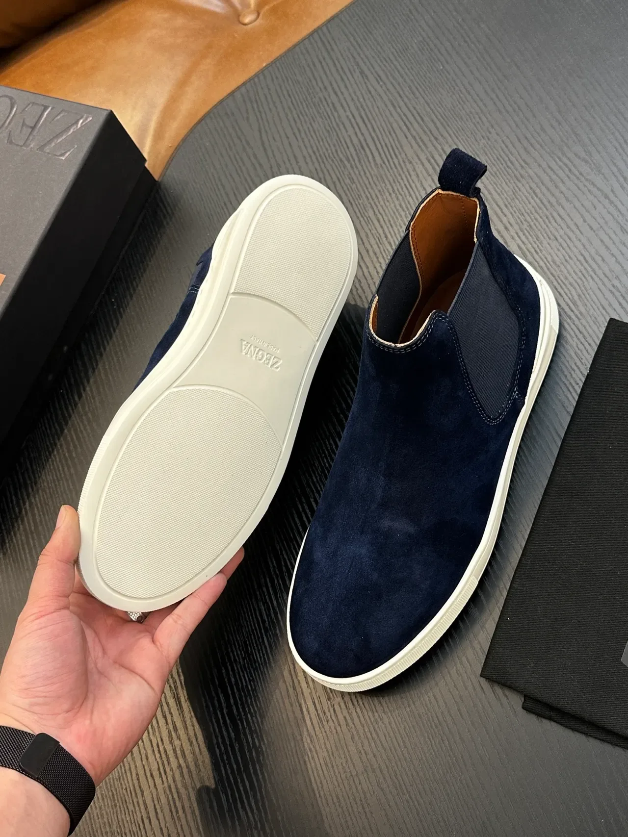 Zegna Navy White Suede Elastic Side Panels Chelsea Boots 2