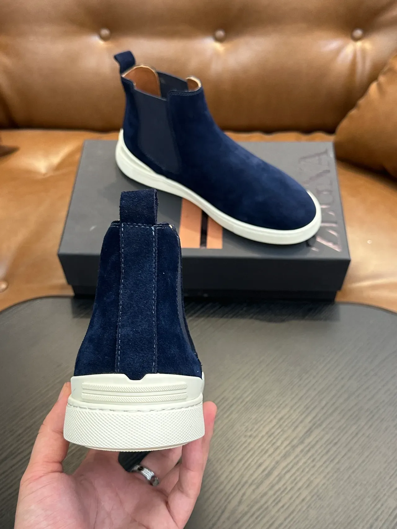 Zegna Navy White Suede Elastic Side Panels Chelsea Boots 3