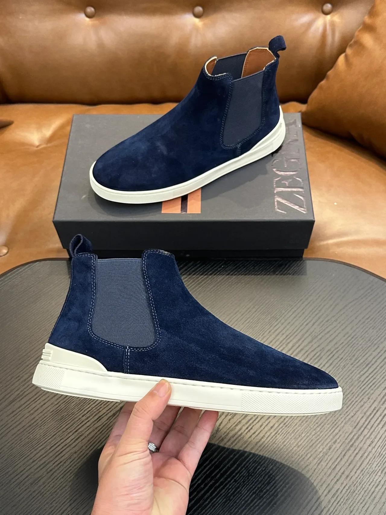 Zegna Navy White Suede Elastic Side Panels Chelsea Boots 4