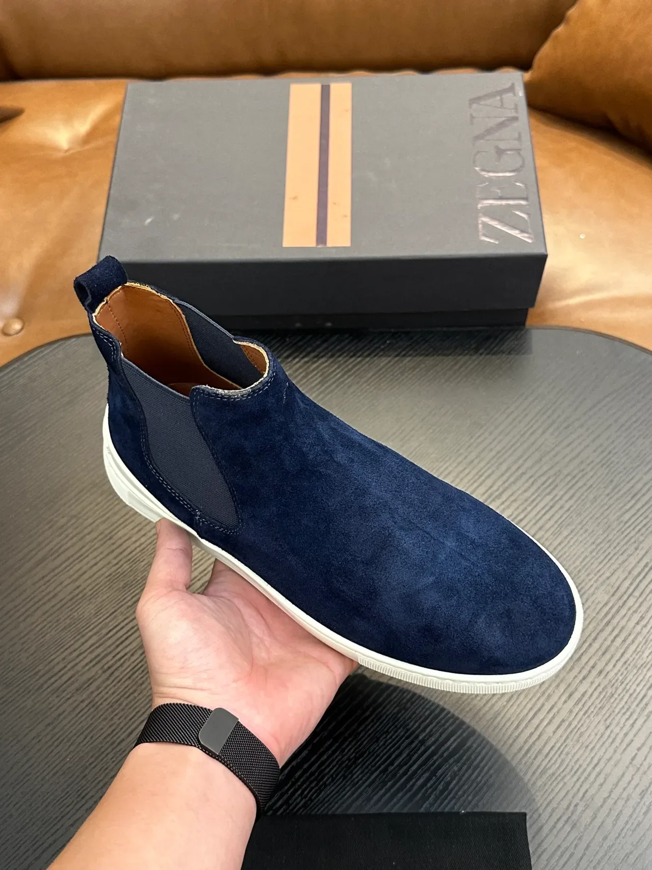 Zegna Navy White Suede Elastic Side Panels Chelsea Boots 5