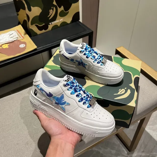 A Bathing Ape BAPE STA سنيكرز أبيض أزرق كامو جرافيك ستايل حياة 8