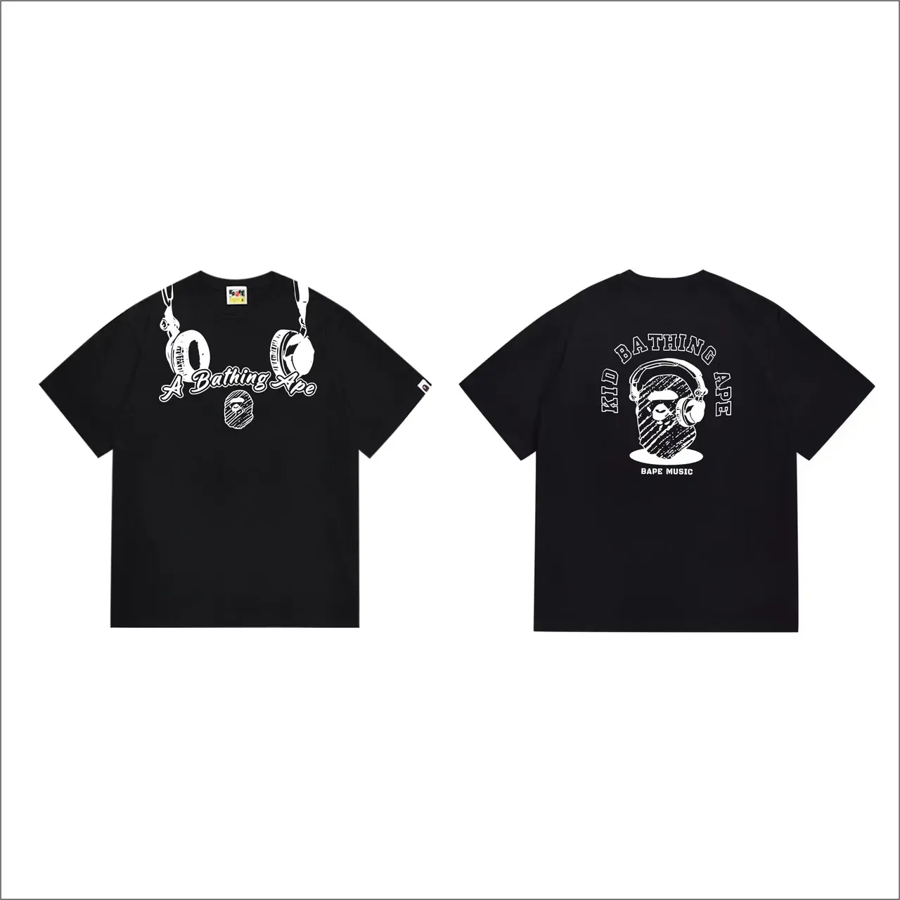 Camiseta negra A Bathing Ape con gráfico de auriculares 4