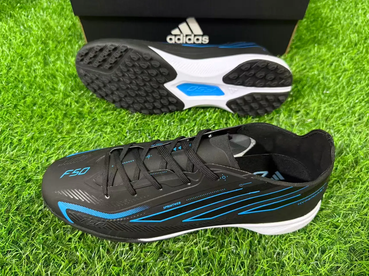 Adidas Black Blue Synthetic Upper Graphic Accents Turf Soccer Shoes 9