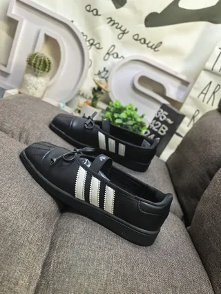 Adidas Black White Leather-Like Upper Three Stripes Mary Jane Shoes 7