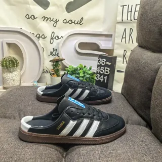Adidas أحذية أسلوب حياة سوداء وبيضاء جلد علوية لوحة جانبية ثلاث شرائط
