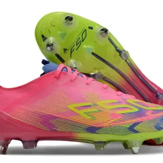 Adidas F50 Rosa Verde Bajo Corte Tacón Moldado Superficie Firme Zapatos de Fútbol