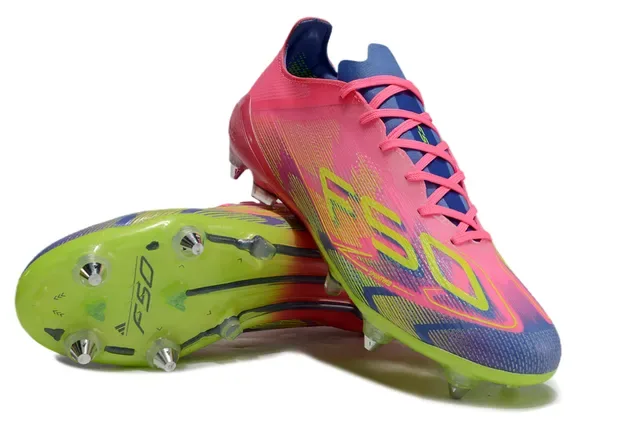 Adidas F50 Rosa Verde Bajo Corte Tacón Moldado Superficie Firme Zapatos de Fútbol 4