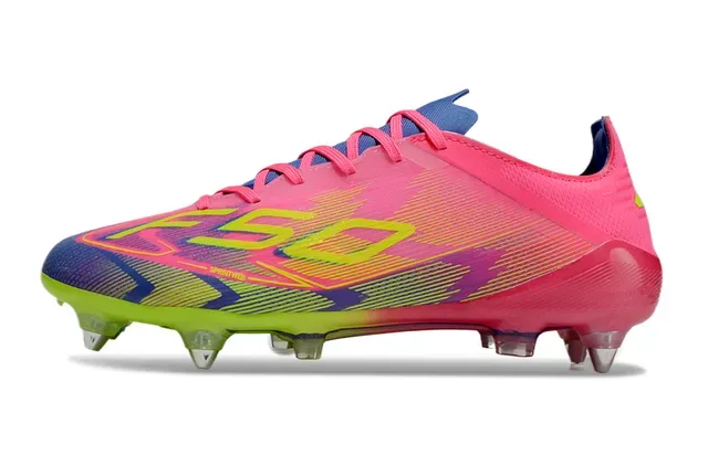 Adidas F50 Rosa Verde Bajo Corte Tacón Moldado Superficie Firme Zapatos de Fútbol 7