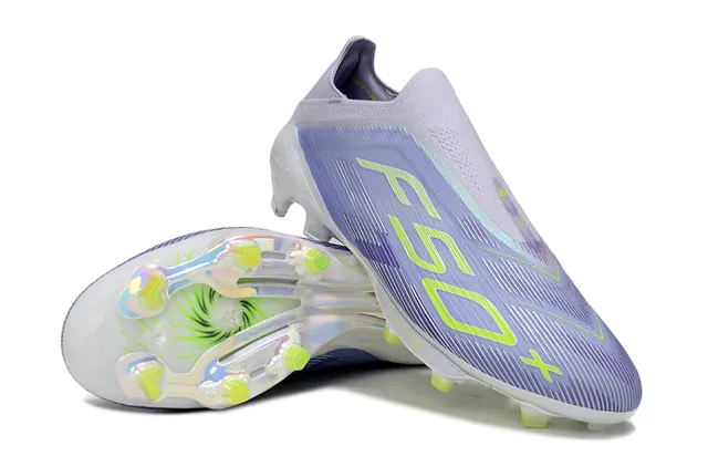 Adidas F50+ বেগুনি এবং নিওন গ্রিন ফার্ম-গ্রাউন্ড সকার শু 4