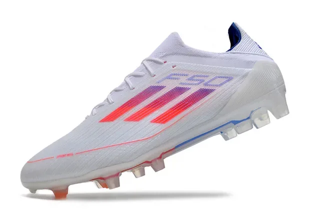 Adidas F50 Blanc Bleu Chaussures de Football Upper Tricô Bas Rayures Trois Graphique Gradiente Sol Firme 3