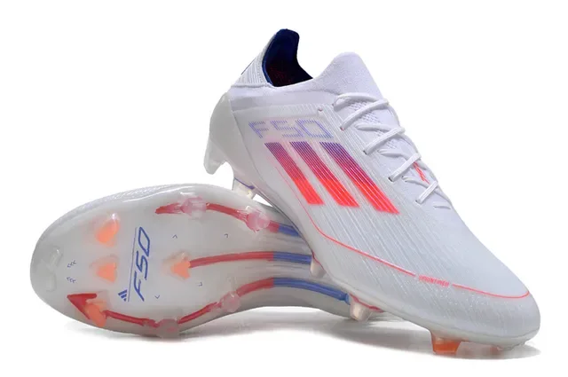 Adidas F50 Blanc Bleu Chaussures de Football Upper Tricô Bas Rayures Trois Graphique Gradiente Sol Firme 4