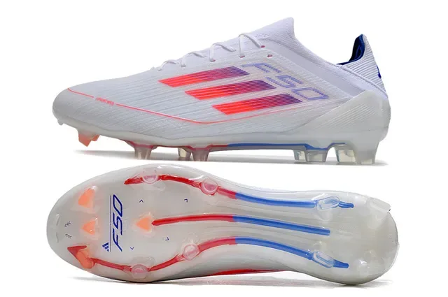 Adidas F50 Blanc Bleu Chaussures de Football Upper Tricô Bas Rayures Trois Graphique Gradiente Sol Firme 6