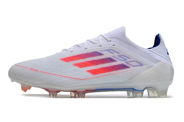 Adidas F50 Blanc Bleu Chaussures de Football Upper Tricô Bas Rayures Trois Graphique Gradiente Sol Firme 7
