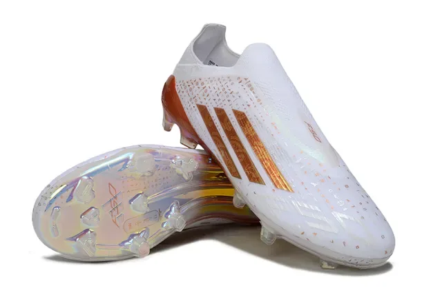 Adidas F50 Blanc Orange Chaussures de Football à Coupe Basse Haut en Tricot Semelle Iridescente Holographique pour Terrain Ferme 4