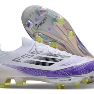 Adidas F50 Blanc Violet Bas à Collet de Chaussette Tige Translucide Iridescente Semelle Sol Ferme Chaussures de Football