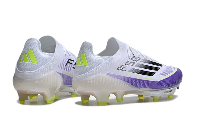 Adidas F50 Blanc Violet Bas à Collet de Chaussette Tige Translucide Iridescente Semelle Sol Ferme Chaussures de Football 5