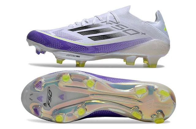 Adidas F50 Blanc Violet Bas à Collet de Chaussette Tige Translucide Iridescente Semelle Sol Ferme Chaussures de Football 6