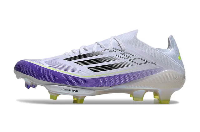 Adidas F50 Blanc Violet Bas à Collet de Chaussette Tige Translucide Iridescente Semelle Sol Ferme Chaussures de Football 7