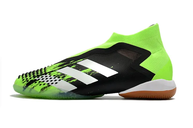Adidas Sapatos de futebol indoor verde preto, upper de ajuste sock, jaula assimétrica, sapatos de futebol indoor 8