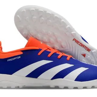 Adidas Predator 蓝橙低帮合成革鞋面三条纹侧边草地足球鞋