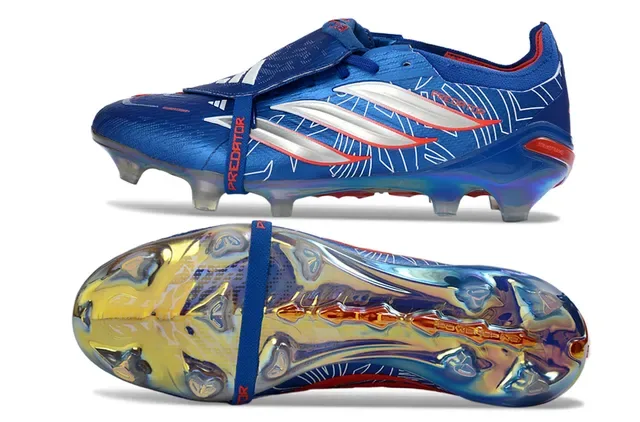 Adidas Predator Chaussures de football Bleu Argent Fermeture par sangle Sans lacets Contrepied talon iridescent Terrain synthétique 6