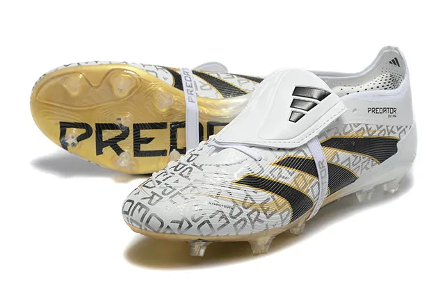 Adidas Predator Branco Preto Sem cadarço Fecho de correia Dourado translucido Sola Chão firme Sapatos de futebol 7
