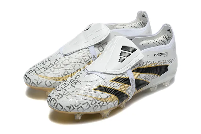 Adidas Predator Branco Preto Sem cadarço Fecho de correia Dourado translucido Sola Chão firme Sapatos de futebol 8