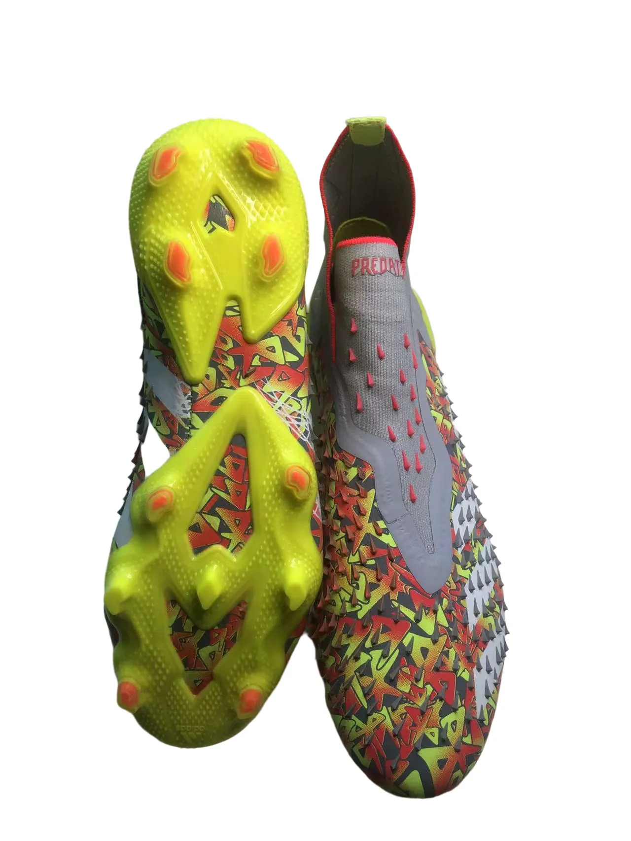 Adidas Vermelho Amarelo Corte Alto Colar Ajuste Calcetim Texturizado Tacado Superior Solo Firme Sapatos de Futebol 18