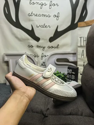 Adidas Samba Beige Blue Laceless Silhouette Three-Stripe Side Panel Mary Jane Shoes 5