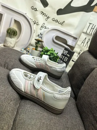 Adidas Samba Beige Blue Laceless Silhouette Three-Stripe Side Panel Mary Jane Shoes 7