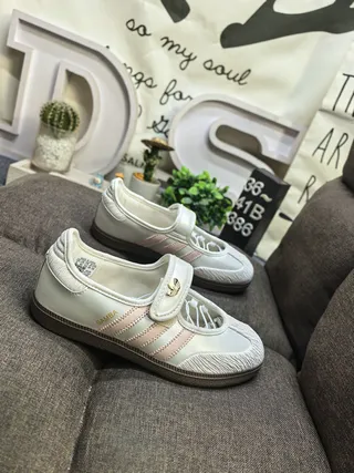 Adidas Samba Beige Blue Laceless Silhouette Three-Stripe Side Panel Mary Jane Shoes 9