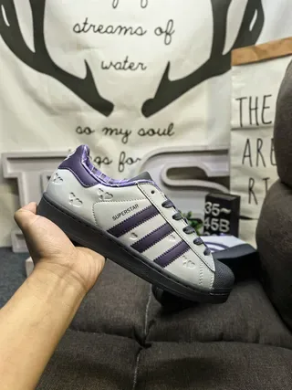 Adidas Superstar حذاء أسلوب حياة رمادي وبنفسجي مبطن بقماش كاروهات 5