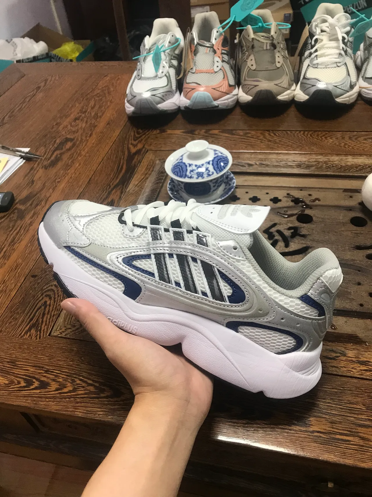 Adidas White Blue Sculpted Midsole Multi-Layered Synthetic Cage Chunky Sneakers 2