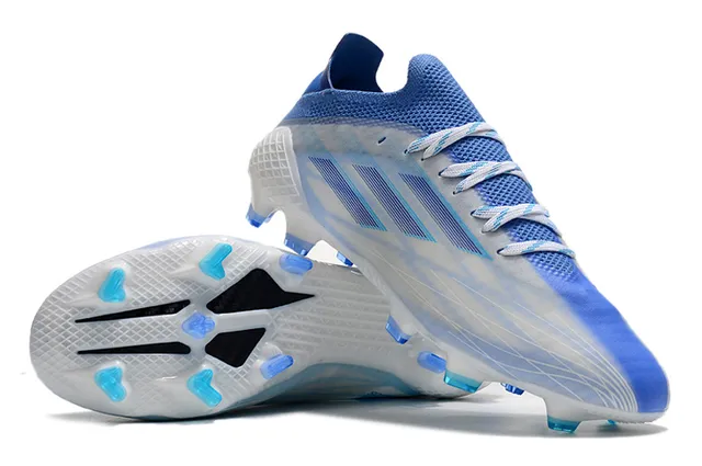 Adidas X Speedflow अर्धपारदर्शी सफेद नीली कठोर मैदान सॉकर जूते 4