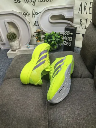 Adidas Yellow Gray Neon Mesh Upper Three-Stripe Side Panel Running Shoes 6