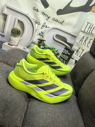 Adidas Yellow Gray Neon Mesh Upper Three-Stripe Side Panel Running Shoes 9