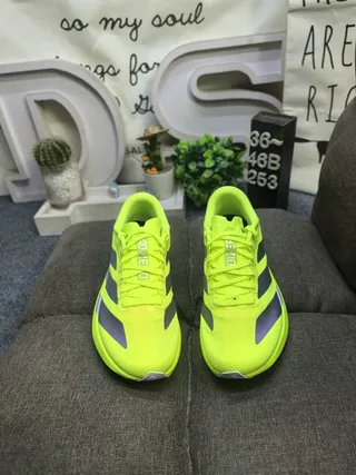 Adidas Yellow Gray Neon Mesh Upper Three-Stripe Side Panel Running Shoes 10