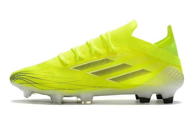Adidas Zapatillas de fútbol con upper de knit amarillo blanco neon, cordones asimétricos y superficie firme 7