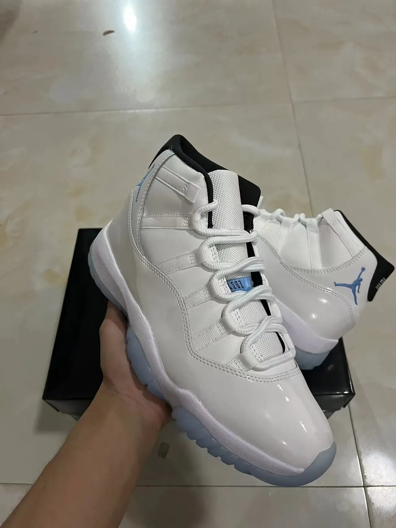 Air Jordan 11 White and Light Blue Patent Leather Basketball Shoes 2