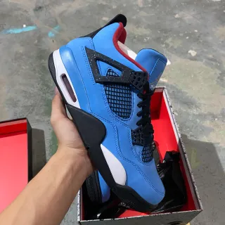 Tênis de basquete Air Jordan 4 azul claro preto branco vermelho