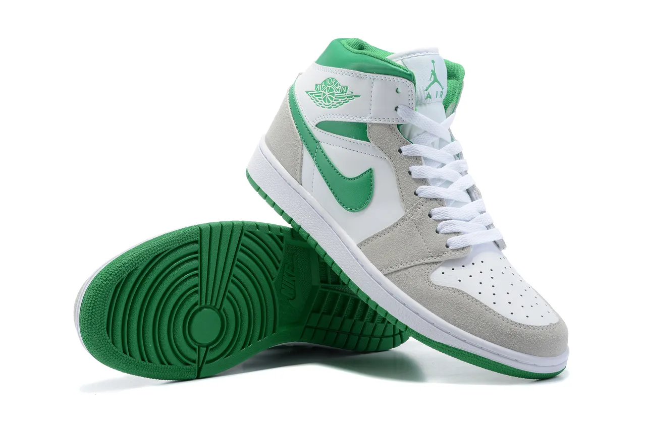 Air Jordan White Green High-Top Leather-Suede Mix Basketball Shoes 2