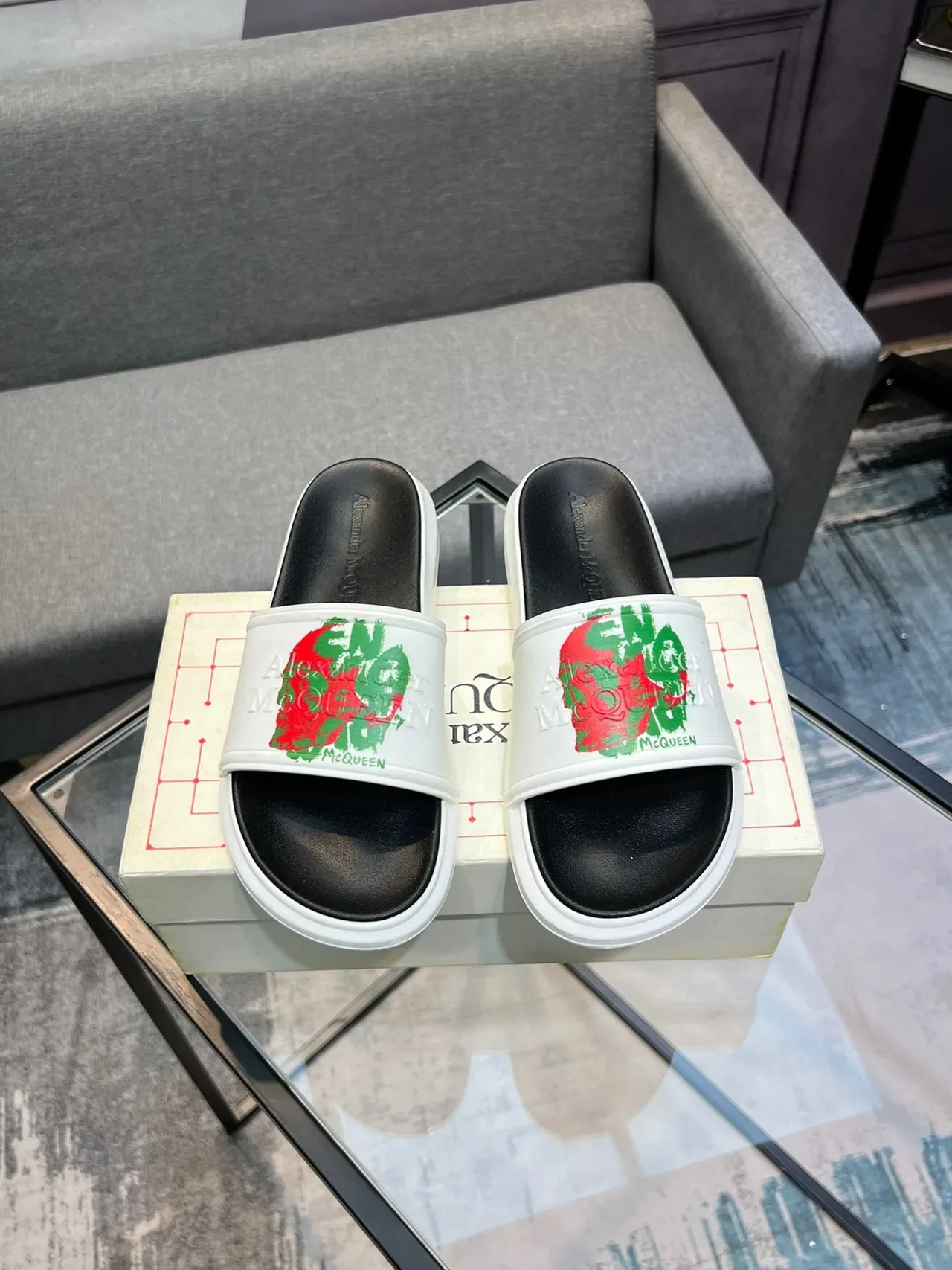 Alexander McQueen Graphic Print White and Black Slide Slippers 2