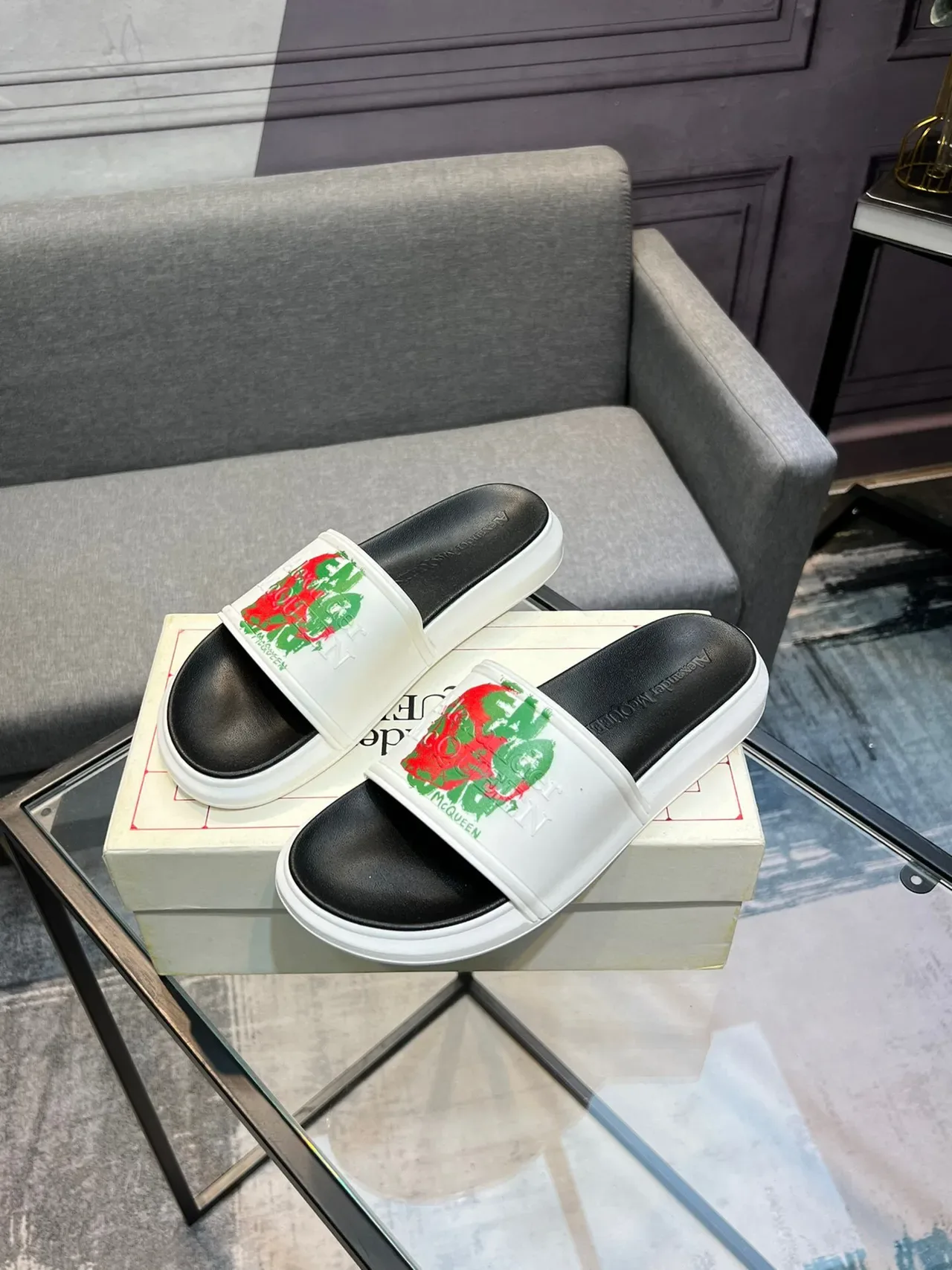 Alexander McQueen Graphic Print White and Black Slide Slippers 3
