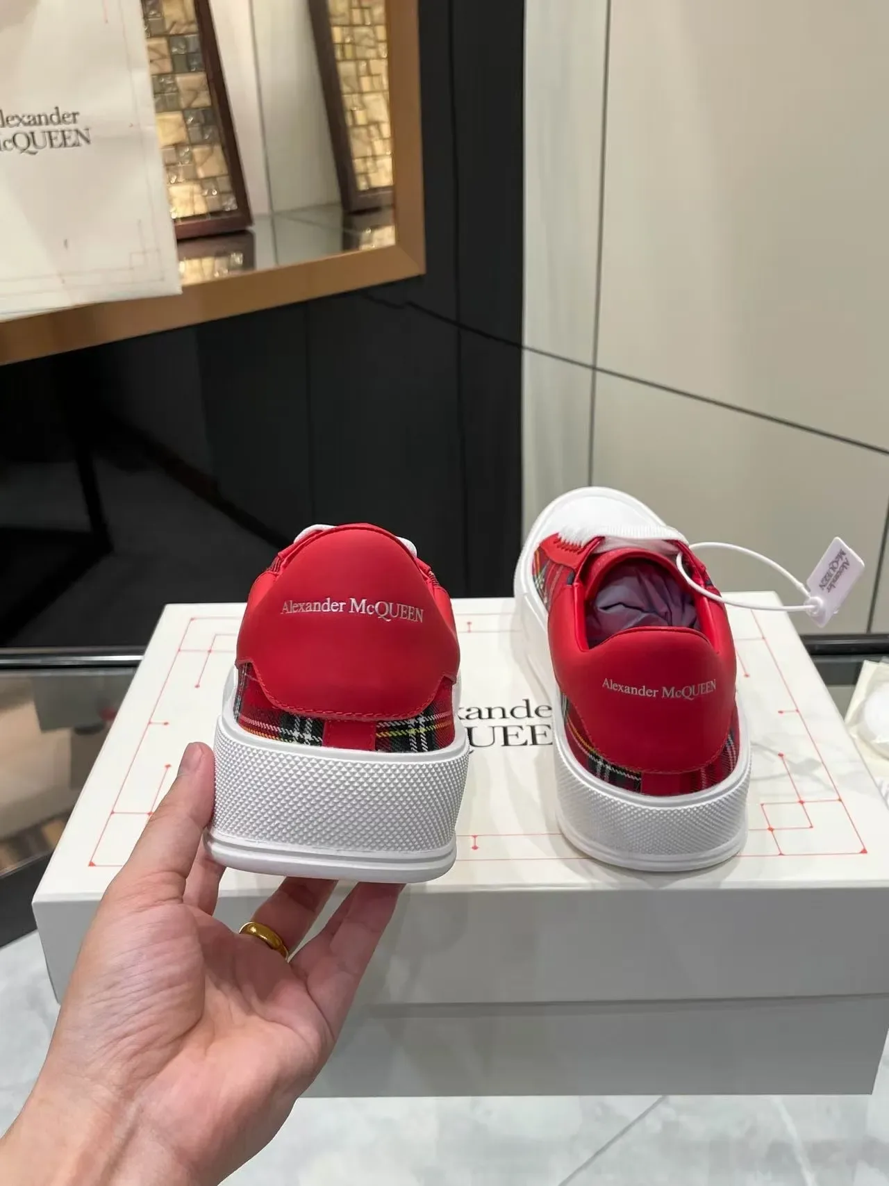 Alexander McQueen Oversized Sneaker Red Plaid White Platform Lifestyle Sneakers 2