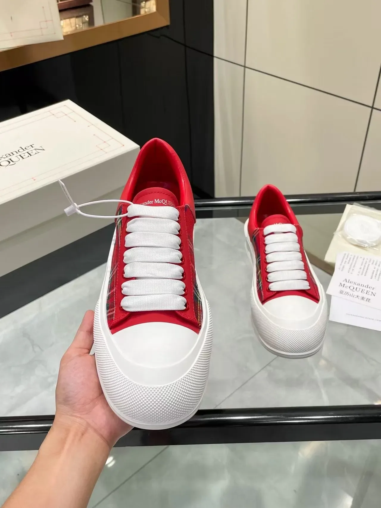 Alexander McQueen Oversized Sneaker Red Plaid White Platform Lifestyle Sneakers 3