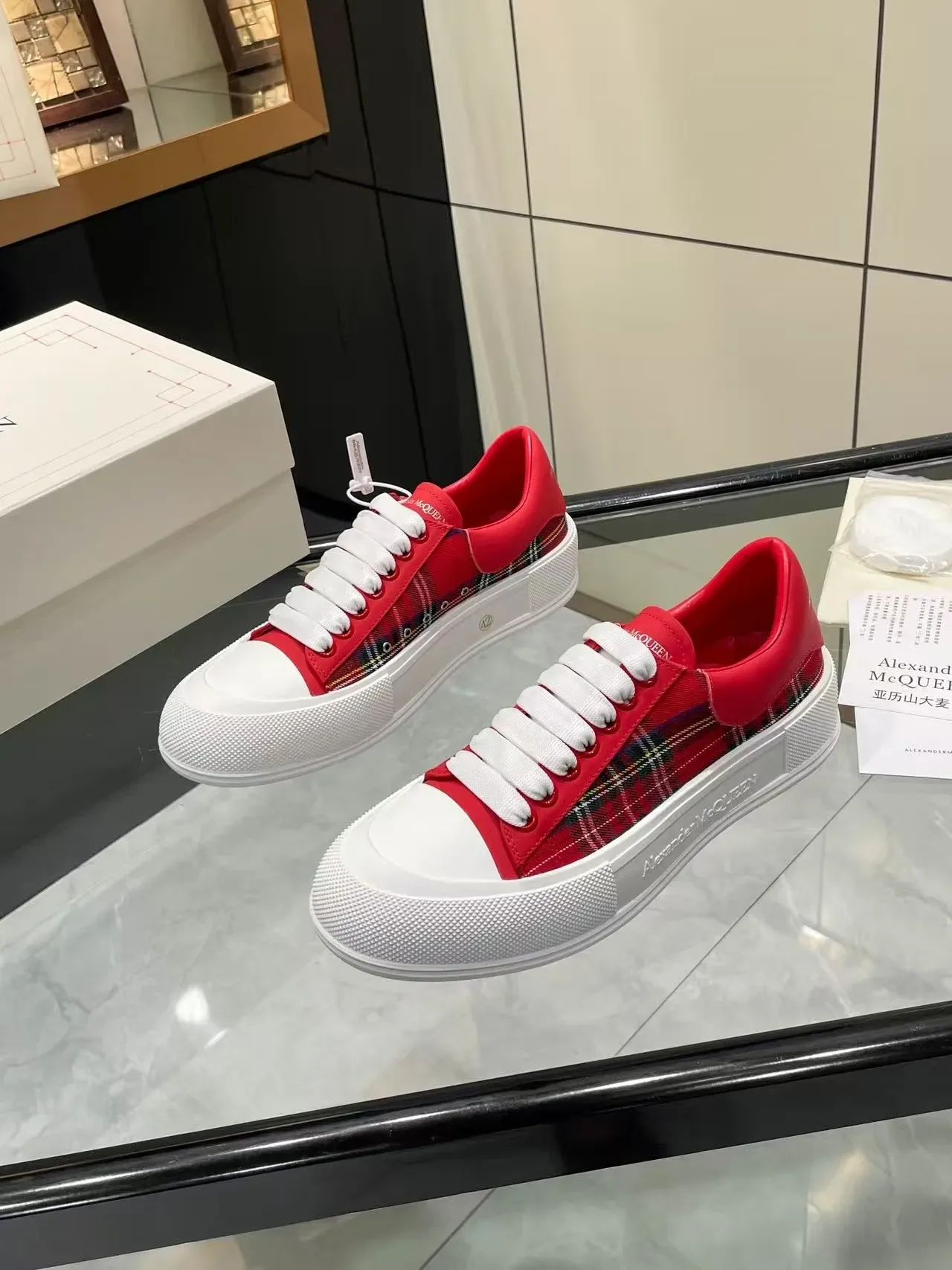 Alexander McQueen Oversized Sneaker Red Plaid White Platform Lifestyle Sneakers 4