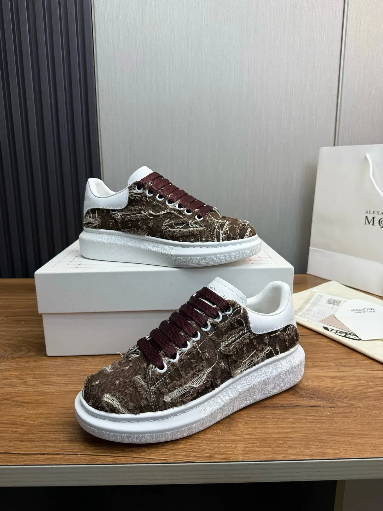 Alexander McQueen Oversized Sneaker White Brown Frayed Textile Lifestyle Sneakers 5
