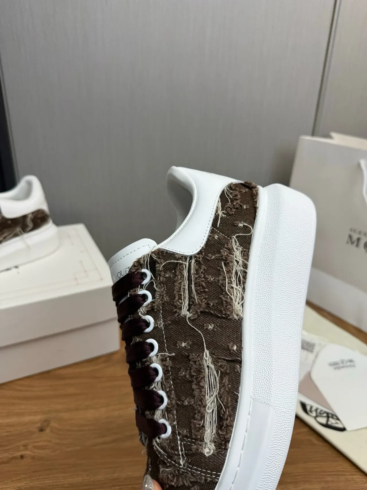 Alexander McQueen Oversized Sneaker White Brown Frayed Textile Lifestyle Sneakers 9
